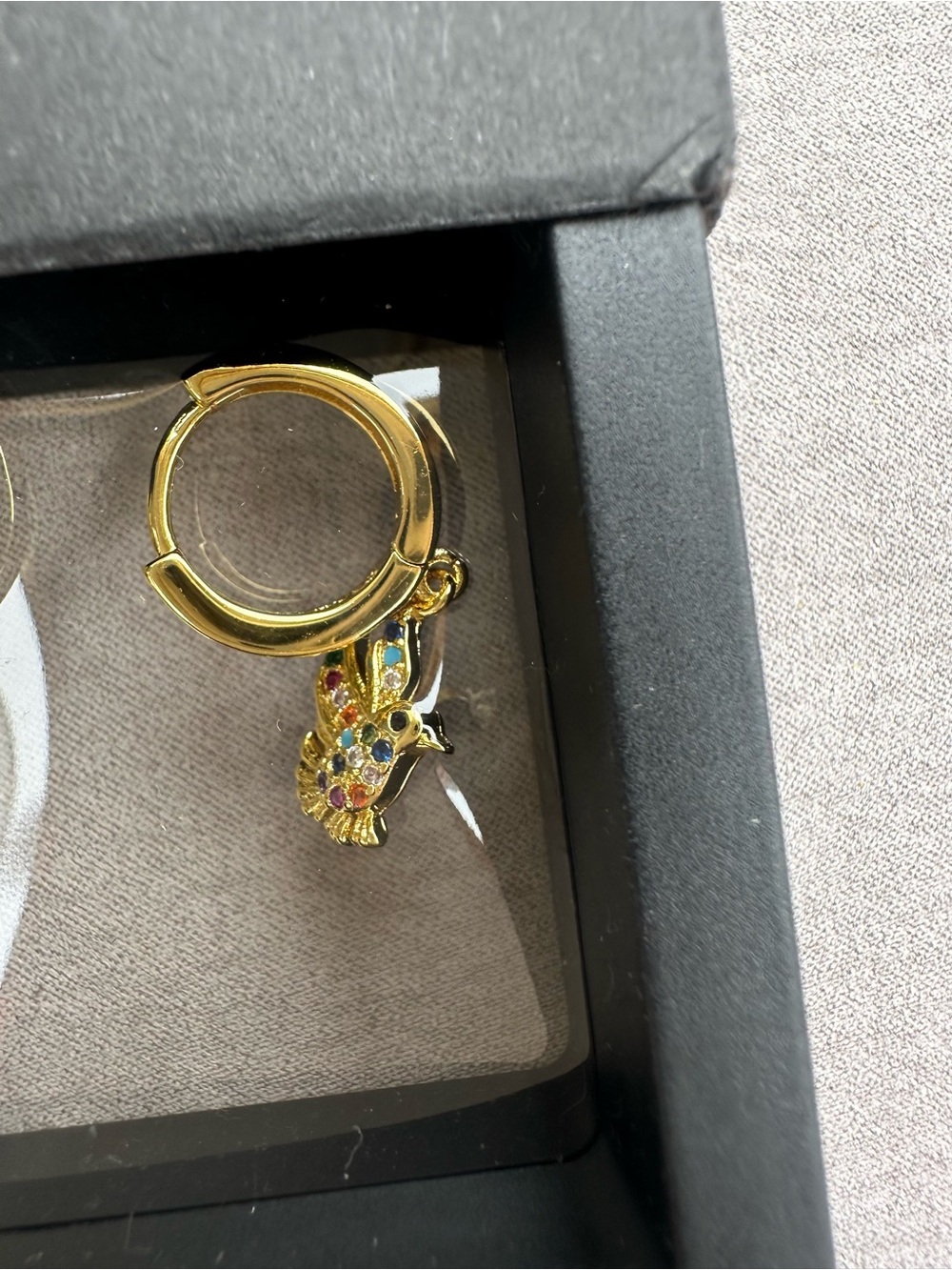 Gold Hoop Earring with Multicolor Bird Charm